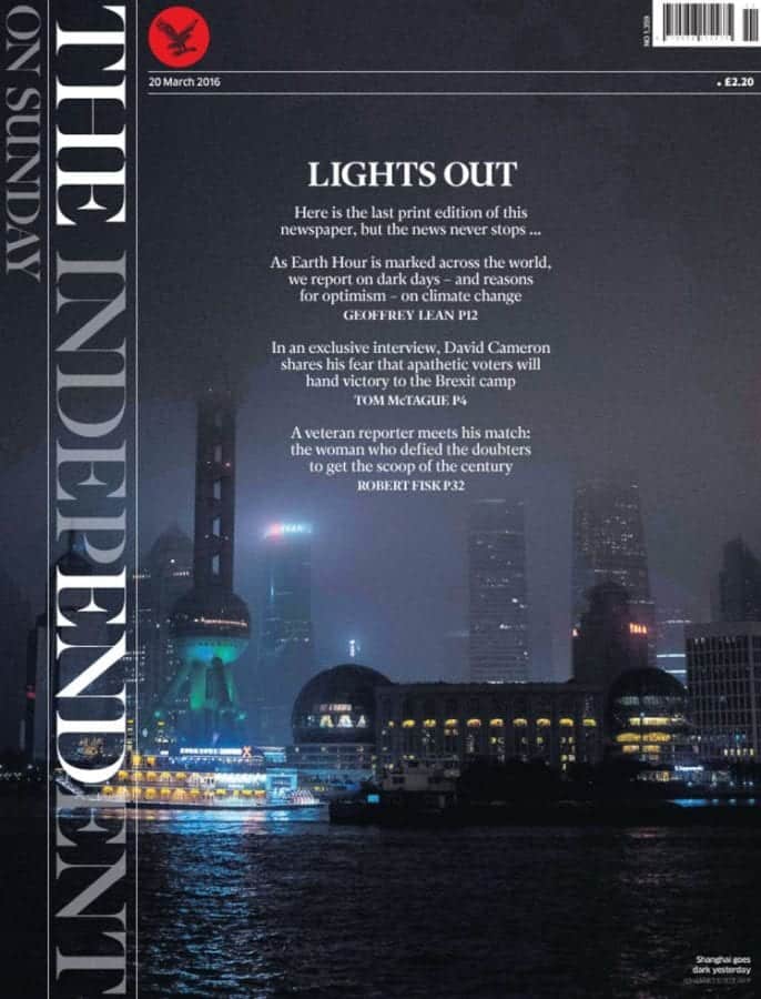 A copy of the last print edition of the Independent on Sunday newspaper. PRESS ASSOCIATION Photo. Picture date: Saturday March 19, 2016. The paper's final front page features a poster background of the darkened skyline of Shanghai in China with the headline Lights Out. See PA story MEDIA Independent. Photo credit should read: PA Wire
