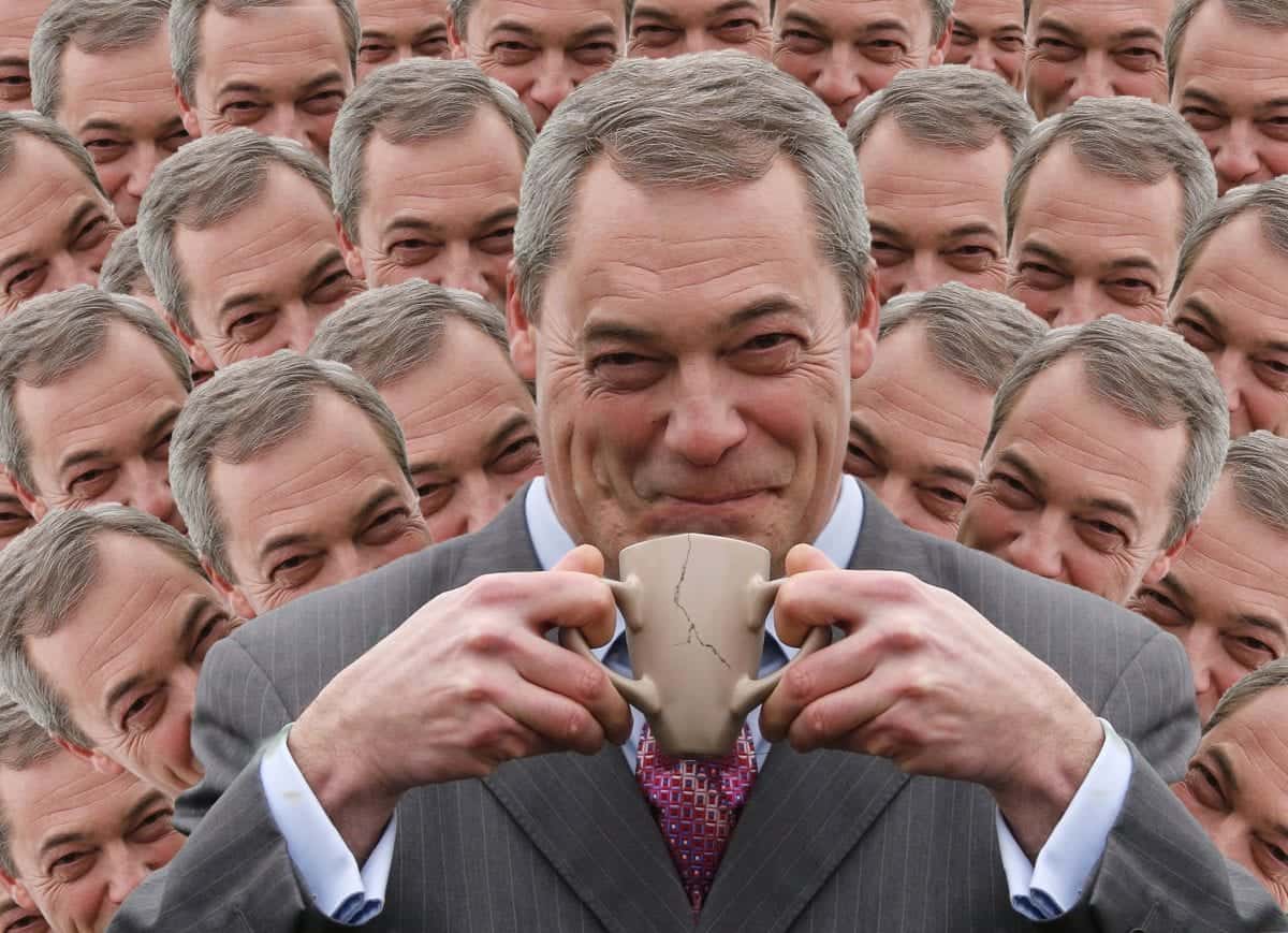 12 Feb 2015, London, England, UK --- Nigel Farage, the leader of the UK Independence Party (UKIP) drinks a cup of tea at the Smallgains boatyard during a campaign stop on Canvey Island in Essex, southeast England February 12, 2015. REUTERS/Suzanne Plunkett (BRITAIN - Tags: POLITICS) --- Image by © SUZANNE PLUNKETT/Reuters/Corbis