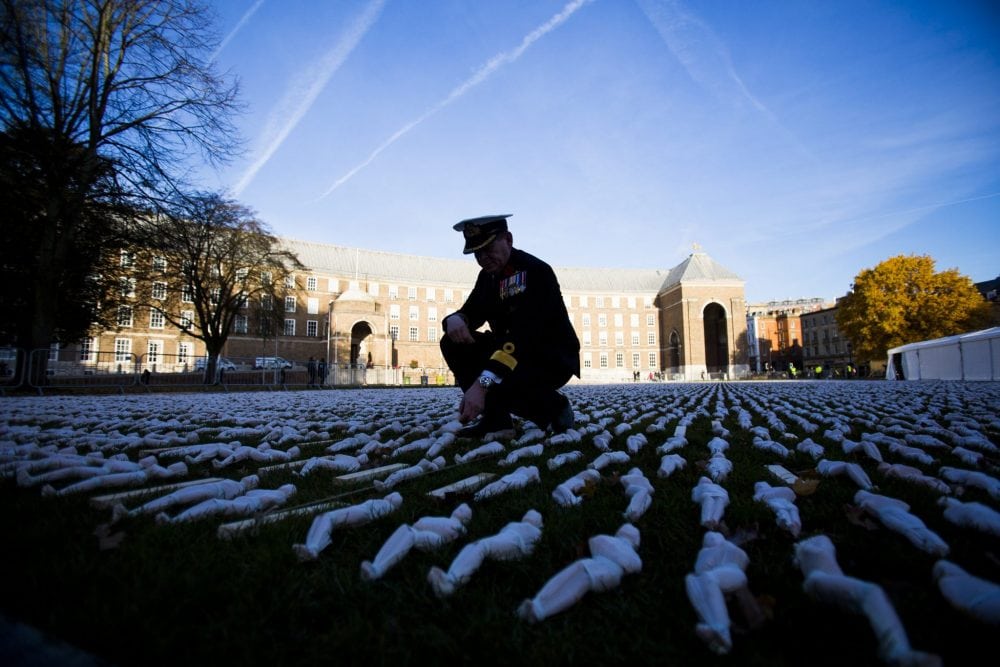 Commodore Jake Moores inspects The 'Shroud of the Somme' installation at Bristol Cathedral today, which depicts 19000 men who died at the Battle of the Somme. November 11 2016.