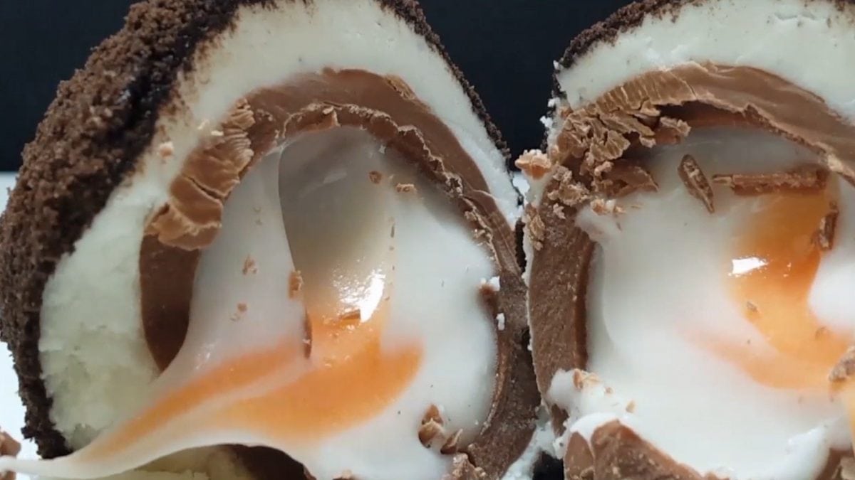 See SWNS story SWEGG: A chef has revealed his egg-traordinary recipe for a scotch egg - made from crushed Oreos and a CREME EGG. Chef Ben Churchill, 30, has transformed the traditional British savoury treat into a sweet dish that features a gooey Creme Egg at its centre. The unconventional snack swaps sausage meat for the creamy filling of an Oreo and is rolled in blended Oreo biscuits which resemble a Scotch egg's breadcrumbs. Having worked in the industry for 10 years, Ben is a self-trained chef and plating artist and has created