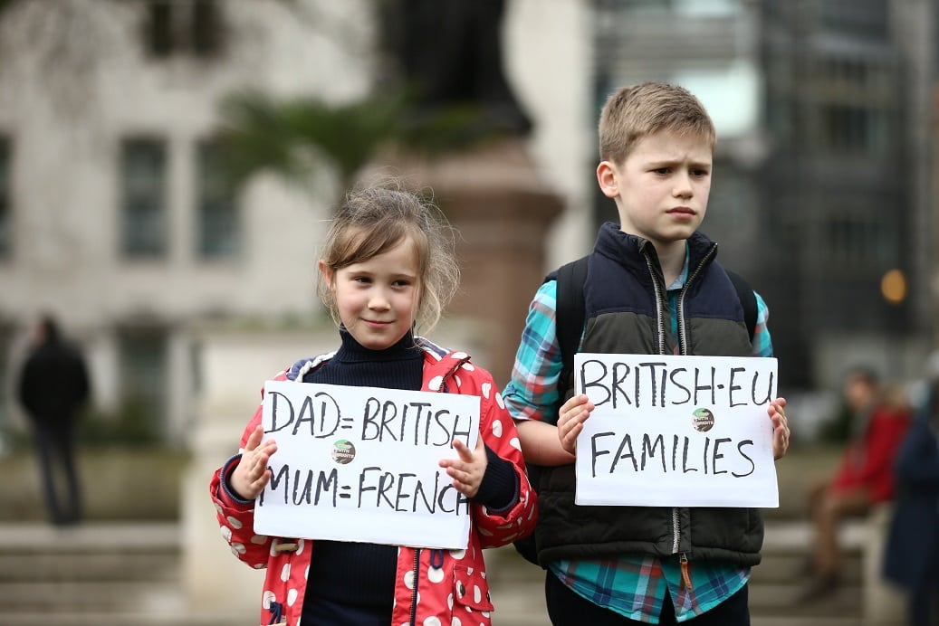 Louis, 10, and Margaux, 7, join pro migrant campaigners march to Westminster on #1daywithoutus a day of action where migrant workers are not going to work to show their contribution to society, February 20 2017. Hate and blame has been increasingly directed at migrants from many sections of politics and the general public.