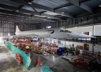 Concorde is unwrapped in its new location at a hanger in Bristol. See SWNS story SWCONCORDE Ahead of the new museum’s highly anticipated launch this summer, Aerospace Bristol has today taken the wraps off its star attraction: Concorde 216, the last of the supersonic passenger jets to be built and the last to fly. April 19 2017.