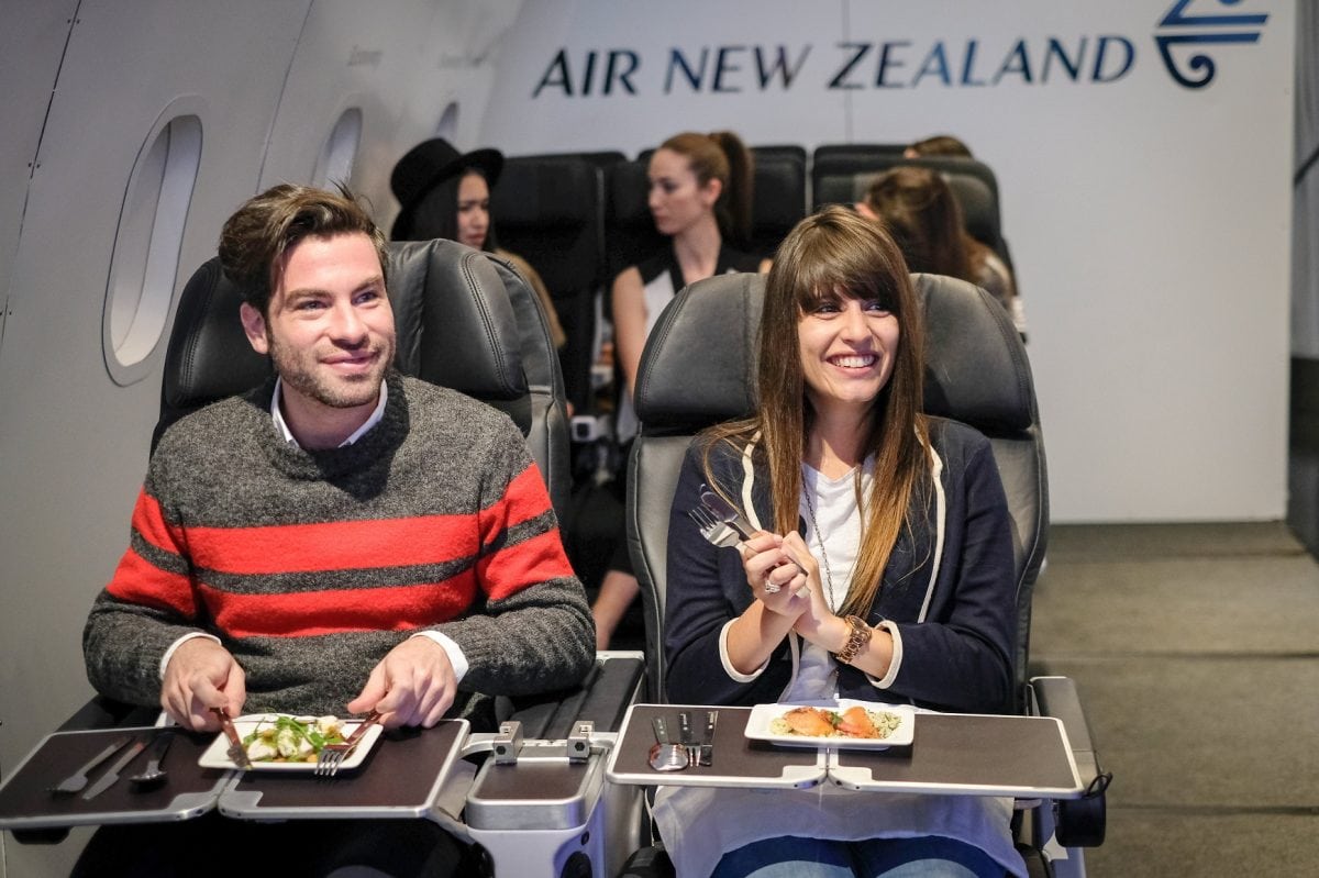 People enjoying airline food a pop up event hosted by Air New Zealand, Soho, London See SWNS story SWPLANE; This is the moment foodies tucked into a fine dining experience – a trendy pop-up restaurant serving only AIRLINE FOOD. The temporary eatery in London’s Soho opened today (Mon 24 April) after it was revealed a quarter of Brits think airplane food is worse than school dinners and hospital food. While a fifth of people believe bad cuisine is the worst thing about flying long-haul and over half don’t like the food served on planes. The menu on offer at the pop-up, This Is How We Fly, was devised by kiwi chef and restaurateur Peter Gordon to show off the freshness of Air New Zealand's on-board fare. The airline opened the temporary restaurant and also commissioned the research of 1,000 UK adults who have flown long haul.