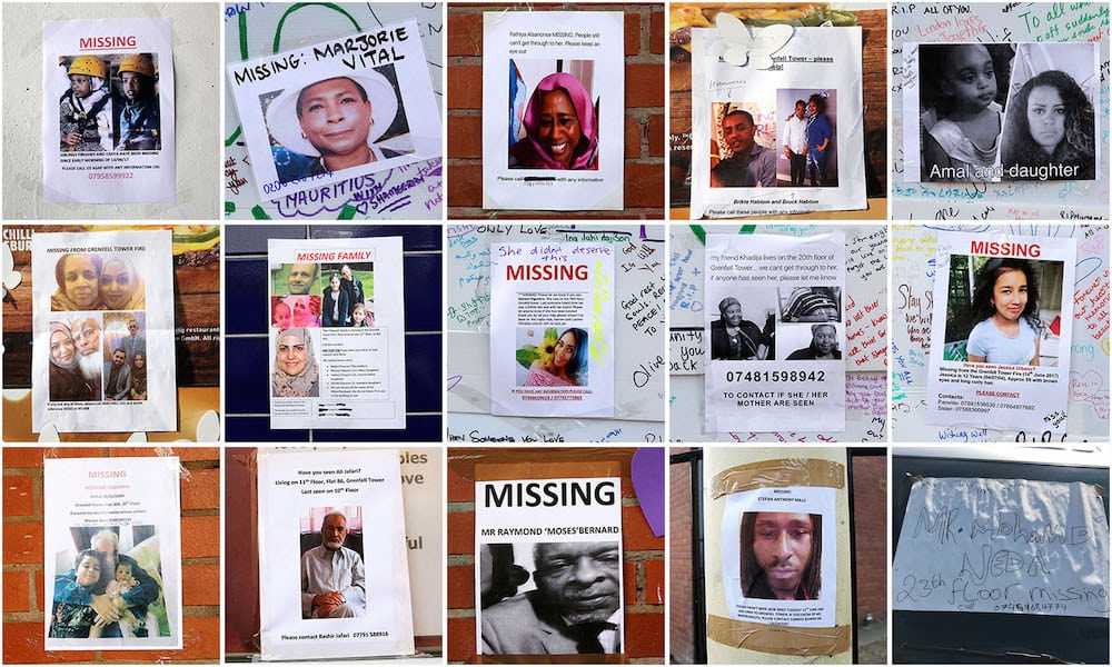 A montage of missing posters put up after the fire in Grenfell Tower, West London. June 16 2017. FILE PHOTO. See National News story NNTOWER: Specialists working at Grenfell Tower have made 87 'recoveries' of human remains in the tower - but warn that could mean more than 87 separate people. More than 250 investigators are still working at the scene, and will have to comb through over 300 tonnes of debris in the burnt-out shell of the tower to find what is left of the victims. Police say 21 people have been formally identified, but it could take until the end of the year to have an accurate number of victims. Last night, families of those who died or are missing and presumed dead met with key members of the Metropolitan Police and the Senior Coroner, Dr Fiona Wilcox.