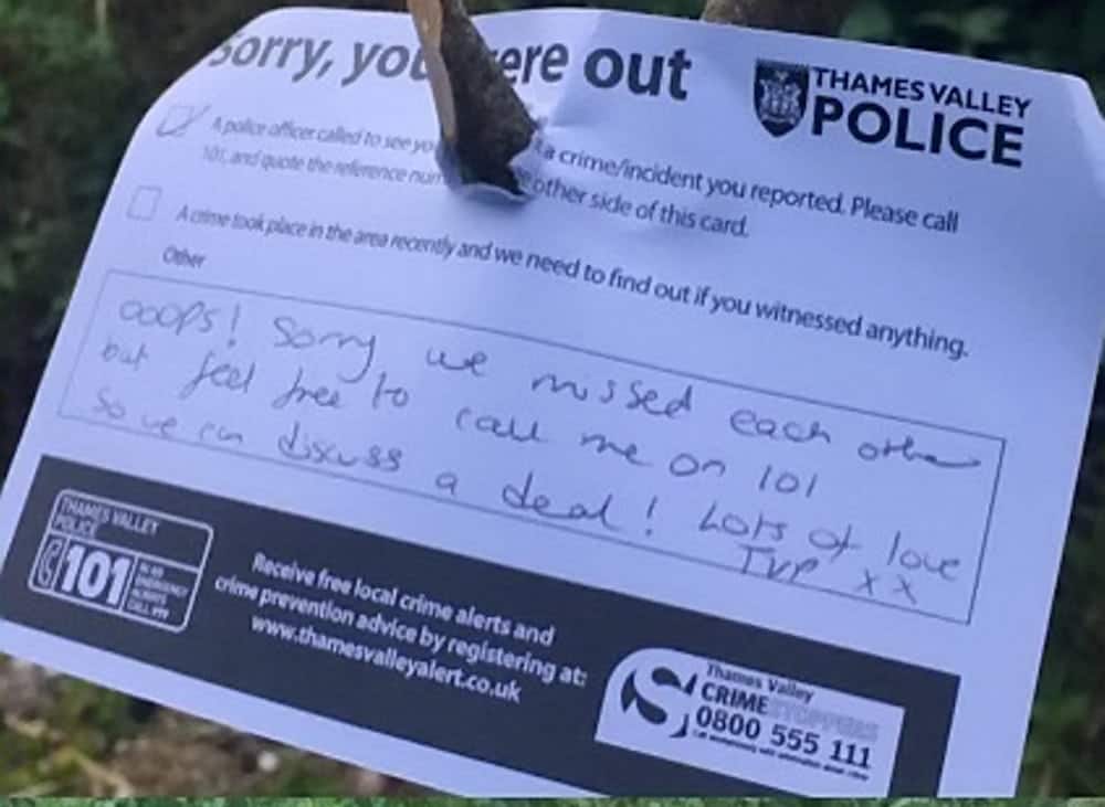Police left a 'kind' note behind them after digging up a cannabis plantation in woodlands near Oxford. See National  story NNPOT; Officers discovered the plants in woods between Wolvercote Mill Stream and the A34 at 6pm on Friday after a tip off. After digging it up they left a 'sorry you were out' note and offered to discuss a deal. The note said: "Ooops! Sorry we missed each other but feel free to call me on 101 so we can discuss a deal. "Lots of love TVP x x" In a Tweet the force used the hashtag 'WeveGotManners'