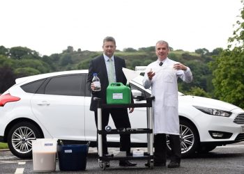 FREE FIRST USEMark Simmers from Celtic Renewables(L) and Professor Martin Tangney with the world's first car to be fuelled by whisky residue biofuel takes it's inaugural journey. See Centre Press story CPFUEL; The world's first car running on a biofuel made from WHISKY residue has had its first successful test drive. The fuel - biobutanol - is a brand new type of sustainable fuel and is designed to be a direct replacement for petrol and diesel. It is produced from draff - the sugar-rich kernels of barley which are soaked in water to facilitate the fermentation process necessary for whisky production. The other main ingredient is pot ale, the copper-containing yeasty liquid that is left over following distillation. Unlike other biofuels, biobutanol can be used as a direct replacement for road fuels like petrol or diesel.Lesley Martin
07836745264
lesley@lesleymartin.co.uk
www.lesleymartin.co.ukAll images © Lesley Martin 2017. Free first use only for editorial in connection with the commissioning client's press-released story. All other rights are reserved. Use in any other context is expressly prohibited without prior permission.