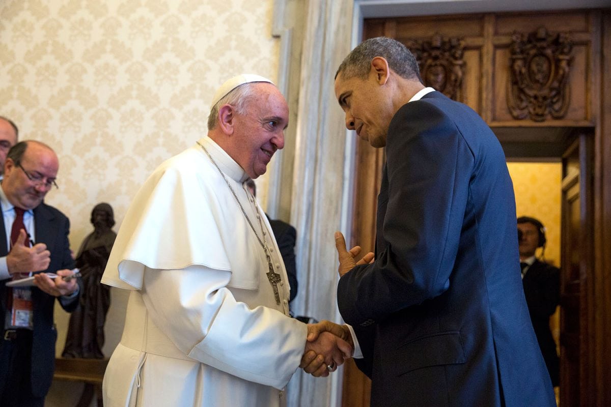 President Barack Obama bids farewell to Pope Francis following a private audience at the Vatican, March 27, 2014. (Official White House Photo by Pete Souza)This official White House photograph is being made available only for publication by news organizations and/or for personal use printing by the subject(s) of the photograph. The photograph may not be manipulated in any way and may not be used in commercial or political materials, advertisements, emails, products, promotions that in any way suggests approval or endorsement of the President, the First Family, or the White House.