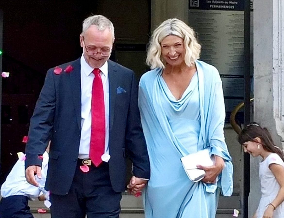 Emma van Laun, 52, and Vincent Valbret, 56, on their wedding day.  A couple who first met on a summer holiday as children, but lost contact and married other partners, finally tied the knot  40 years later.  See NTI story NTIWED.  Emma van Laun, 52, and Vincent Valbret, 56, met at Longtown Education Centre, Hereford., in 1976 when Vincent, from Paris, stayed there with his pen pal from Northampton.  Emma, who lived at the centre which was run by her parents John and Miriam, was 11 at the time and soon developed a little crush on Vincent.  He returned to the centre another two or three times and Emma became pen pals with his sister Helene, who was the same age as her.  The two girls had an exchange for the next three or four years, spending a few weeks visiting each other every summer.  But when Emma was 16, they all went their separate ways and eventually Emma and Vincent married other partners - but their parents stayed in contact.  Emma married and lived in London where she had two children, while Vincent married and had four children and lived in Paris.  Emma had been divorced for ten years after a ten-year marriage and Vincent had been divorced for six years following a 15-year marriage.