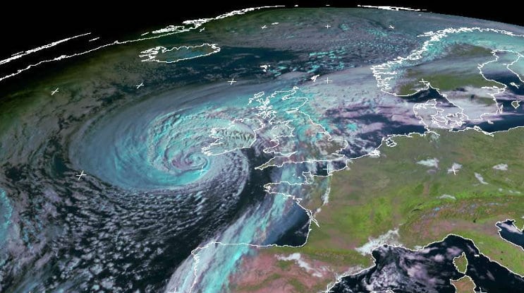 Storm Ophelia seen from the Meteosat satellite captured by the University of Dundee Satellite Receiving Station at 9:00 GMT November 16 2017, showing the size of the storm heading towards the UK.