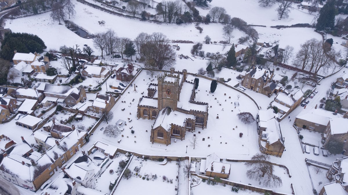 Aerial view of the scene at Crewkerne, Somerset which is covered in snow, March 2 2018. In nearby Ilminster several motorists were trapped in their cars on the A303 as blizzards blocked the road.