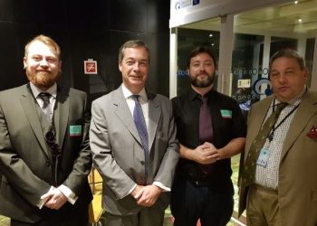 L-R: European election candidates: UKIP's Mark Meecham (aka Nazi pug youtuber Count Dankula, Nigel Farage, rape threat controversialist Carl Benjamin, together with UKIP - Brexit Party defector David Coburn who isn't standing for this election  (c) Twitter
