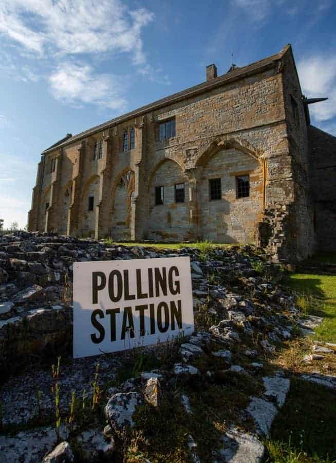 Muchelney Abbey in Somerset which is the oldest polling station in the country. Muchelney, Somerset. May 23 2019.  See SWNS story SWBRvote.