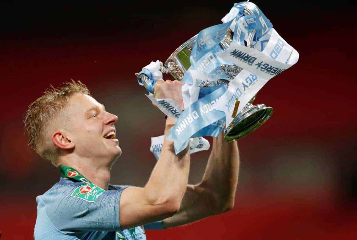 February 24, 2019 Manchester City's Oleksandr Zinchenko celebrates with the trophy after winning the penalty shootout Action Images via Reuters/Carl Recine