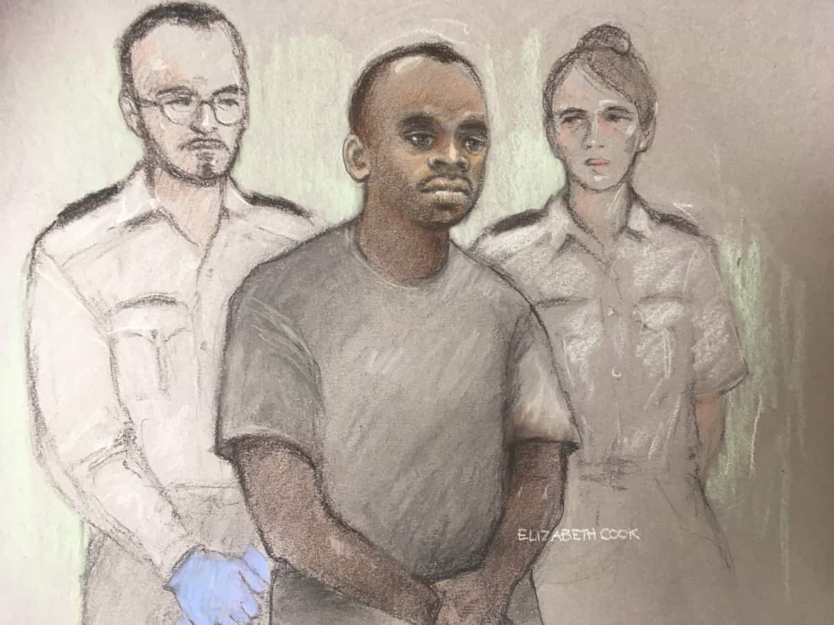 Court artist sketch by Elizabeth Cook of 29-year-old Sudanese national Salih Khater, of Highgate Street, Birmingham, in the dock at Westminster Magistrates' Court where he is charged with the attempted murder of members of the public and police following an incident on Tuesday August 14 in which a car was driven into a group of people and police, before crashing into barriers outside the Houses of Parliament.
