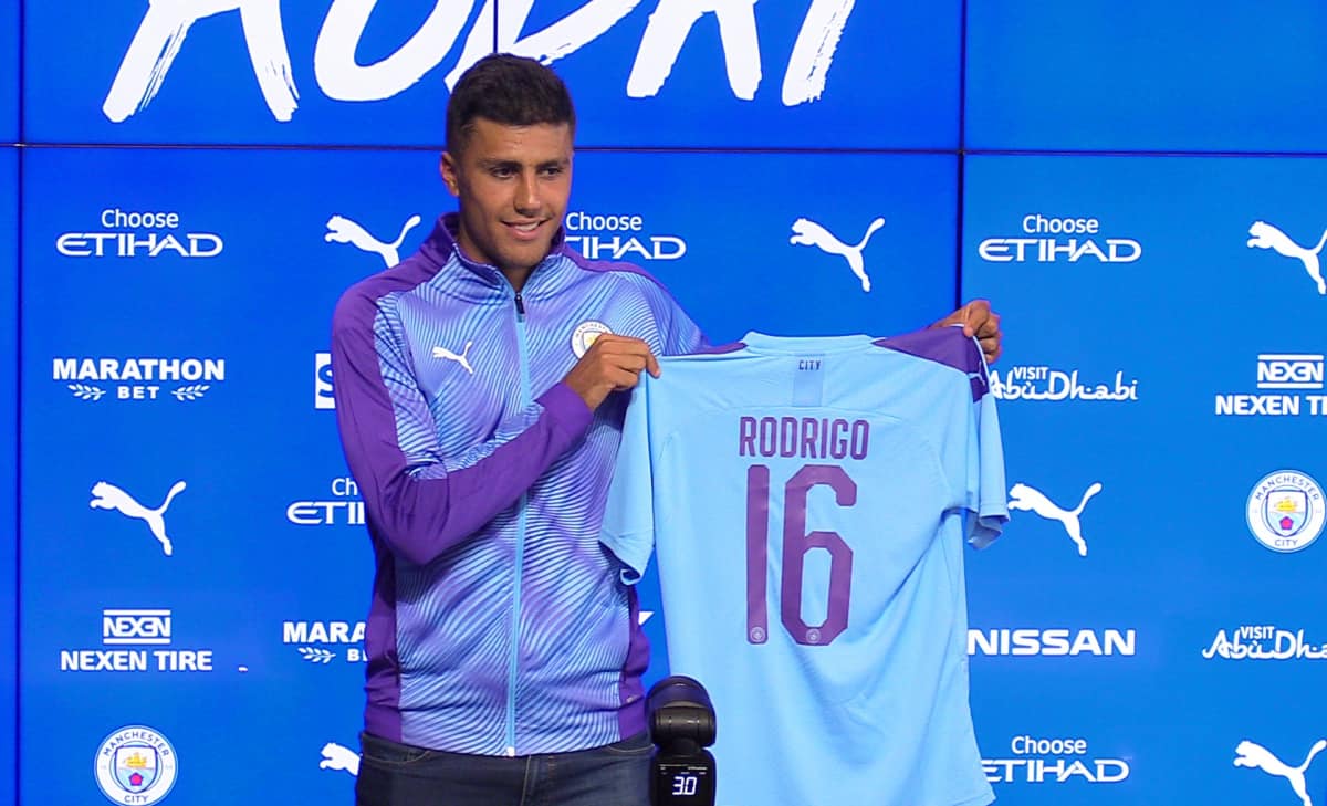 Manchester City's Rodri poses for photographers during the press conference at the City Football Academy, Manchester.