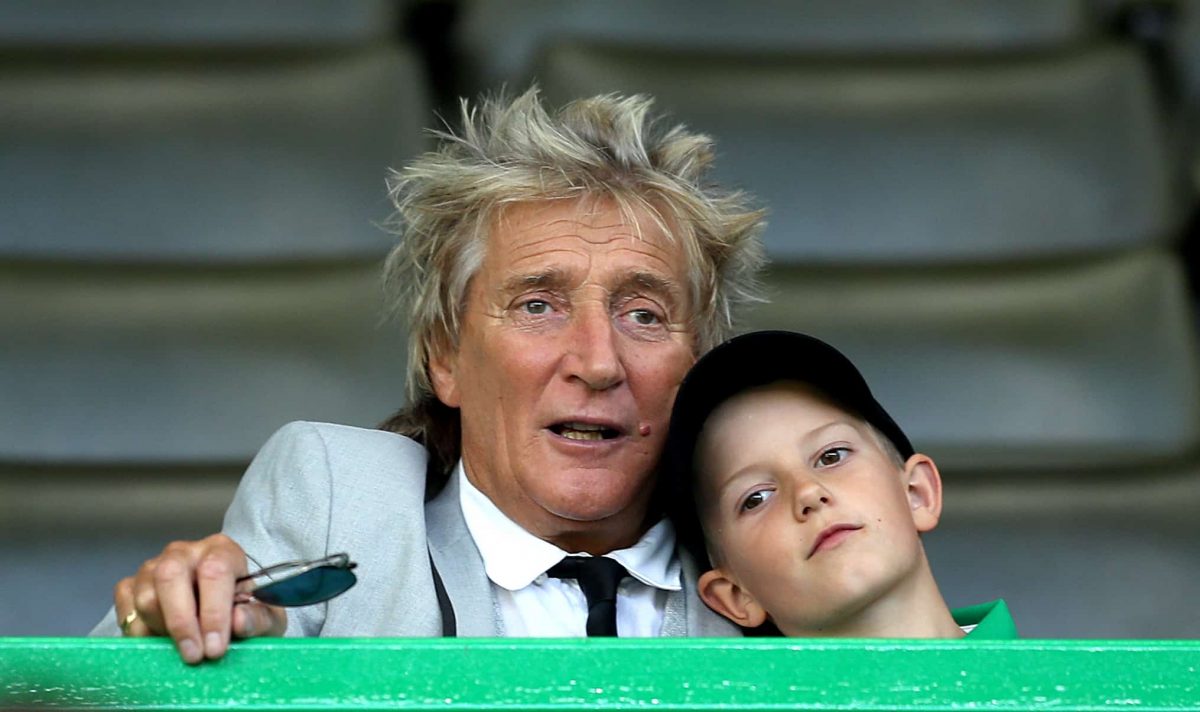 Rod Stewart in the stands with son Aiden during the UEFA Champions League third qualifying round second leg match at Celtic Park, Glasgow.