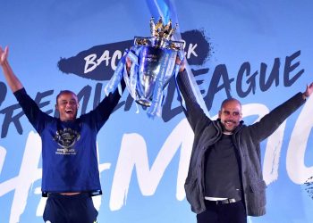 Vincent Company and Pep Guardiola celebrate Manchester City Premiership win
