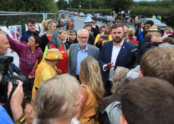 Jeremy Corbyn speaks to anti-fracking protesters outside the gate at the Preston New Road shale gas exploration site in Lancashire (Peter Byrne/PA)