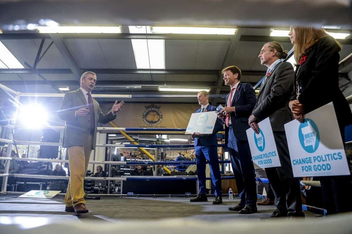 Brexit Party Leader Nigel Farage speaking at a Brexit Party rally at Bolsover Boxing Club in Bolsover in Chesterfield, South Yorkshire - 5th November 2019