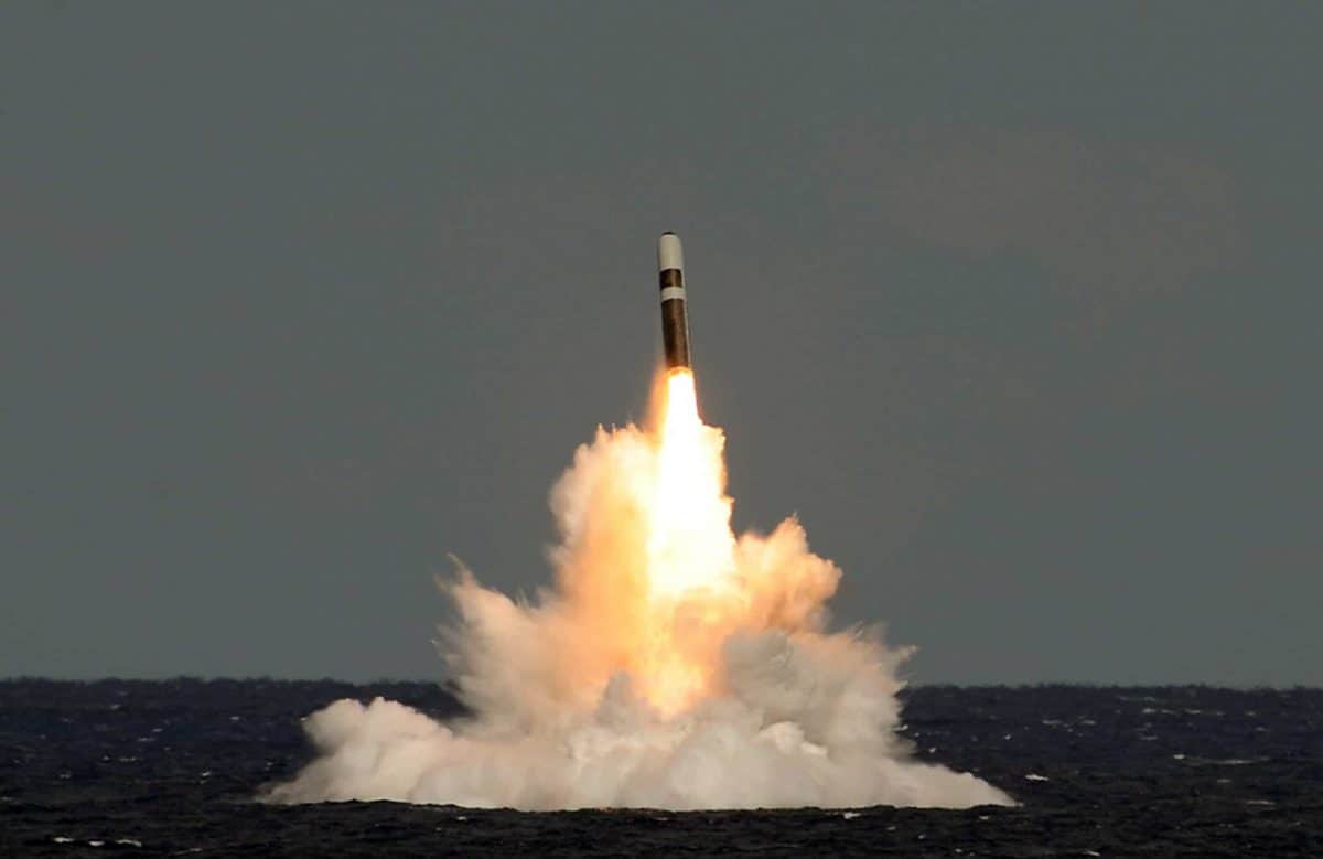 Undated handout photo issued by the Ministry of Defence of a still image taken from video of the missile firing from HMS Vigilant, which fired an unarmed Trident II (D5) ballistic missile, during a test launch in the Atlantic Ocean last week.
