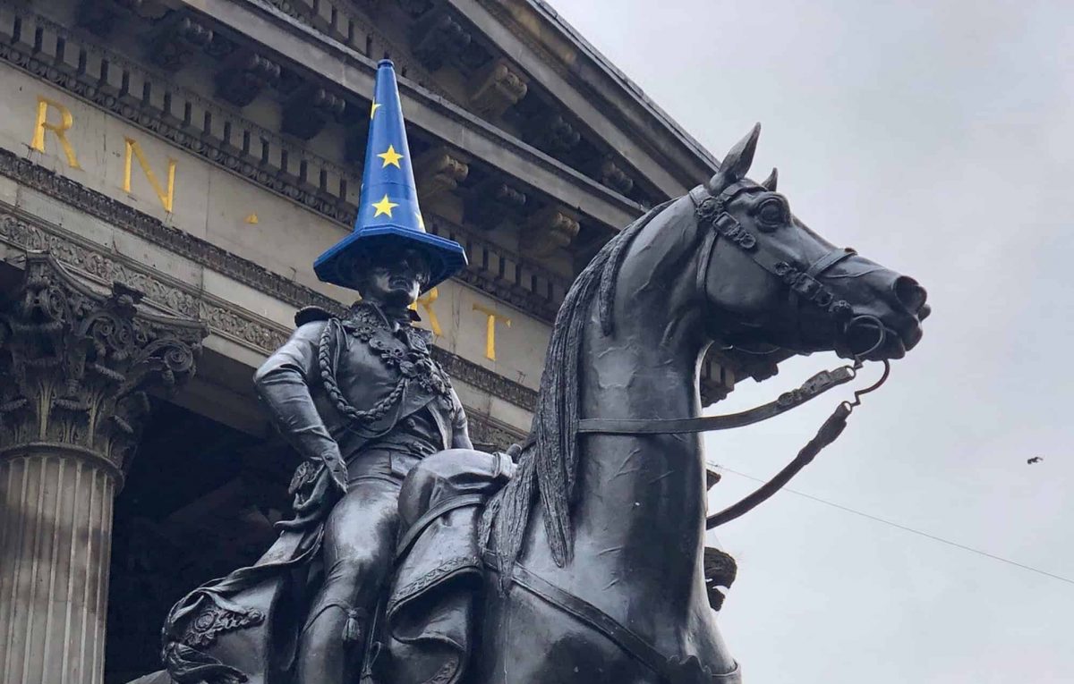 A cone covered with an EU flag on the Duke of Wellington statue in Glasgow. Credit;PA