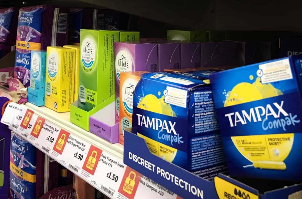 Sanitary products and tampons on sale in a Glasgow supermarket.