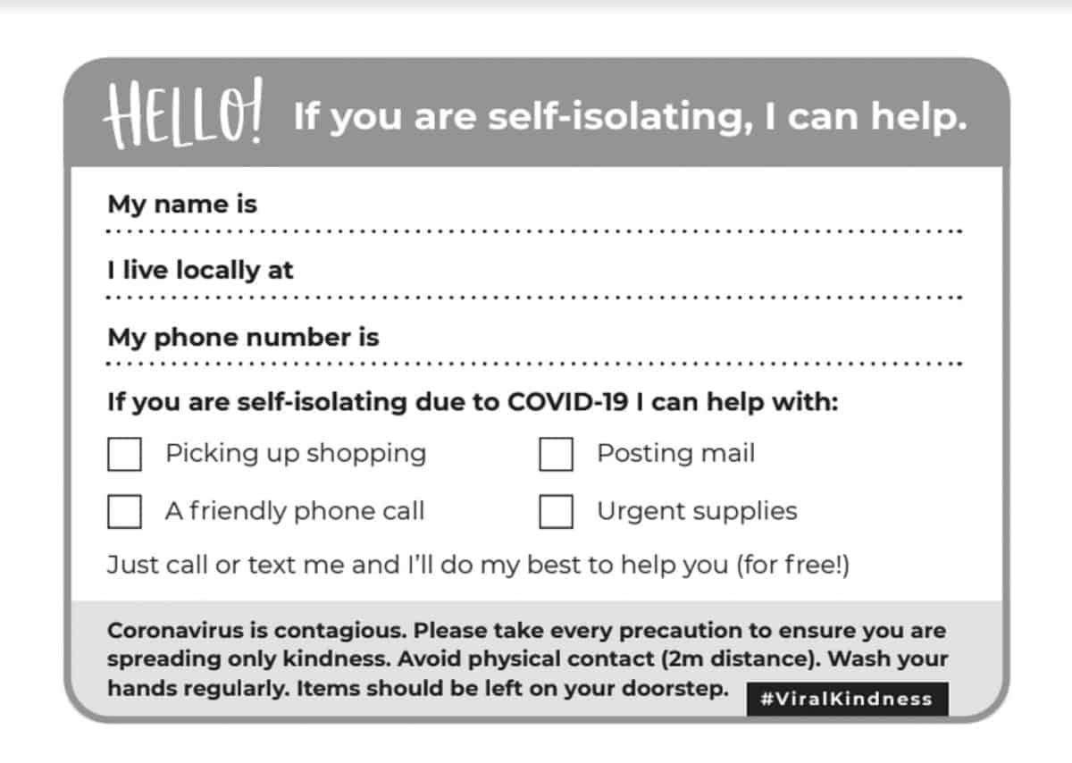 Undated handout photo of a picture of the postcard that has gone viral, helping people to help others during the coronavirus pandemic. Becky Wass created the #viralkindness postcard so people can more easily help people during the coronavirus pandemic.