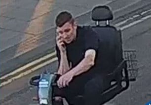 Police are hunting a brazen thief caught on CCTV making a low speed getaway on a stolen mobility scooter. See SWNS story SWMDthief; The crook sneaked into Birmingham Airport and hopped onto the vehicle which is used to transport disabled passengers to the planes. He was caught on CCTV driving off on the scooter which has a top speed of just 8mph. Sergeant Aaron Bell, of West Midlands Police, said: The mobility scooters are used to transport passengers with limited mobility on and off the plane.