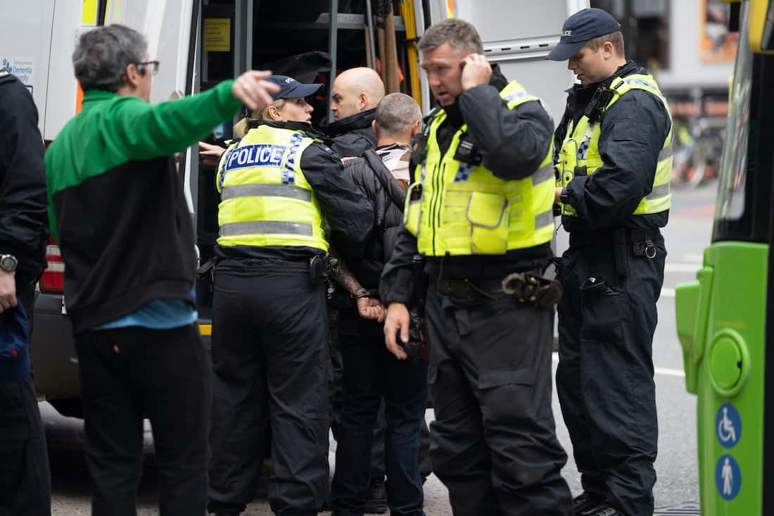 Arrest made during Black Lives Matter protest taking place in Leeds Millennium Square. 14 June 2020. See SWNS story SWLEprotest; amid fears of clashes with far-right groups. Credit;SWNS