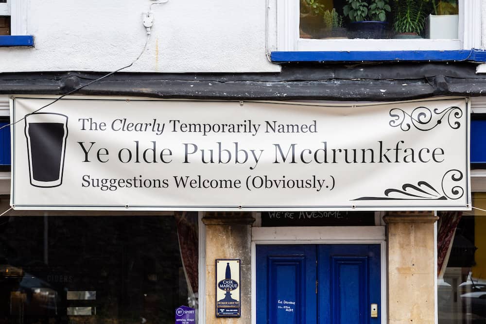 The Colston Arms pub in Bristol which has put up a banner changing its name to 'Ye olde Pubby Mcdrunkface' after calls for places relating to Edward Colston to be changed after his statue was toppled in Bristol centre during a Black Lives Matter protest. Bristol. 30 June 2020.Credit;SWNS