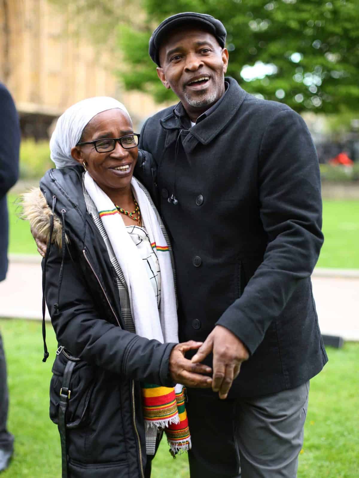 Members of the Windrush generation Paulette Wilson, 62, who arrived from Jamaica in 1968, and Anthony Bryan, aged 60, who arrived from Jamaica in 1965, during a photocall in Westminster, London, following a personal apology from immigration minister Caroline Nokes this afternoon, as they visited Parliament for the first time since the scandal forced the home secretary to resign.