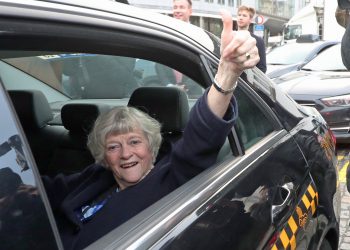 Ann Widdecombe, Member of the European Parliament (MEP) for South West England, reacts as she leaves in a taxi from the European Parliament in Brussels, Belgium, ahead of the UK leaving the European Union at 11pm on Friday.