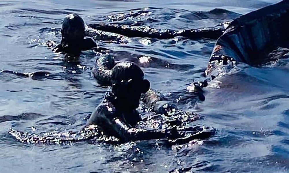 This photo taken and provided by Georges de La Tremoille of Mu Press shows divers using a containment boom to help contain oil leaking from the MV Wakashio, a bulk carrier ship that recently ran aground off the southeast coast of Mauritius, Friday, Aug. 7, 2020. The Indian Ocean island of Mauritius declared a “state of environmental emergency” late Friday after a Japanese-owned ship that ran aground offshore days ago began spilling tons of fuel. (Georges de La Tremoille/MU Press via AP)