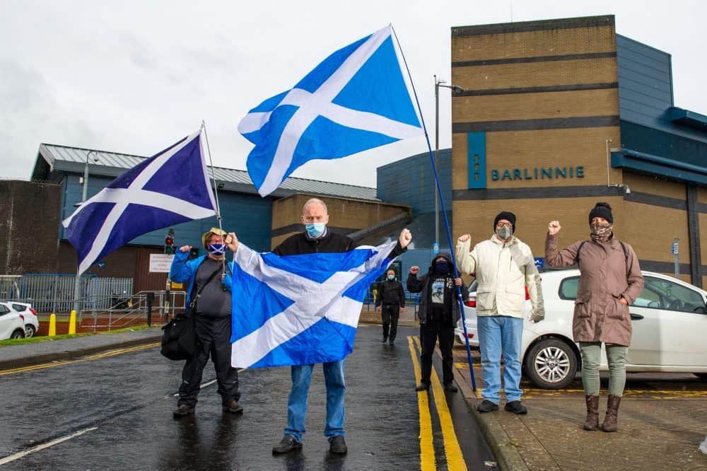 Pictured: (L-R) Chris Smith; Sean Clerkin; James Gardener; John Lowe; Jan Middleton.Action For Scotland protest outside Barlinnie Prison calling for the immediate release of Mandeep Singh from his d72 Day jail sentence for defying Glasgow City Council to have a rally for Scottish Independence in May of last year. September 2 2020. Credit;SWNS