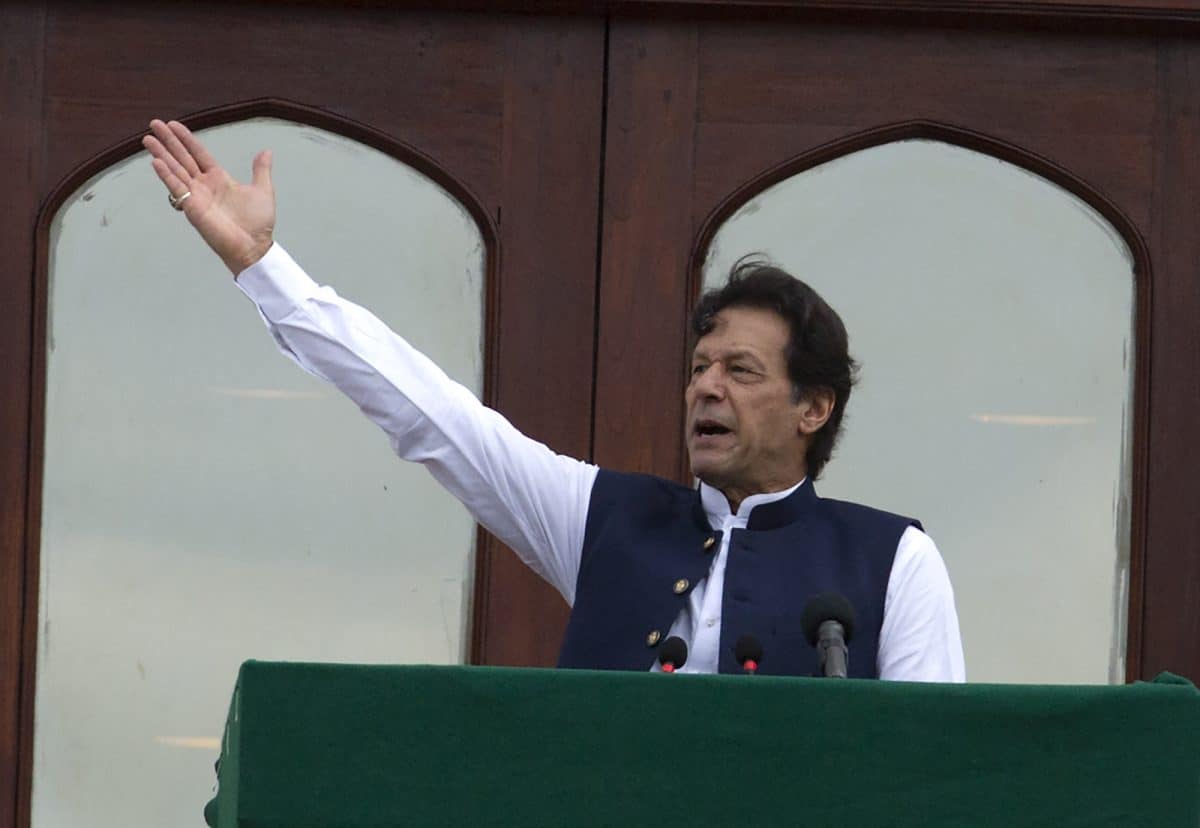Pakistani Prime Minister Imran Khan addresses a Kashmir rally at the Prime Minister office in Islamabad, Pakistan, Friday, Aug. 30, 2019. Khan said he had warned the international community that India could launch an attack on Pakistani-held Kashmir in an effort to divert the attention from human rights abuses in its portion of the disputed Himalayan region. (AP Photo/B.K. Bangash)