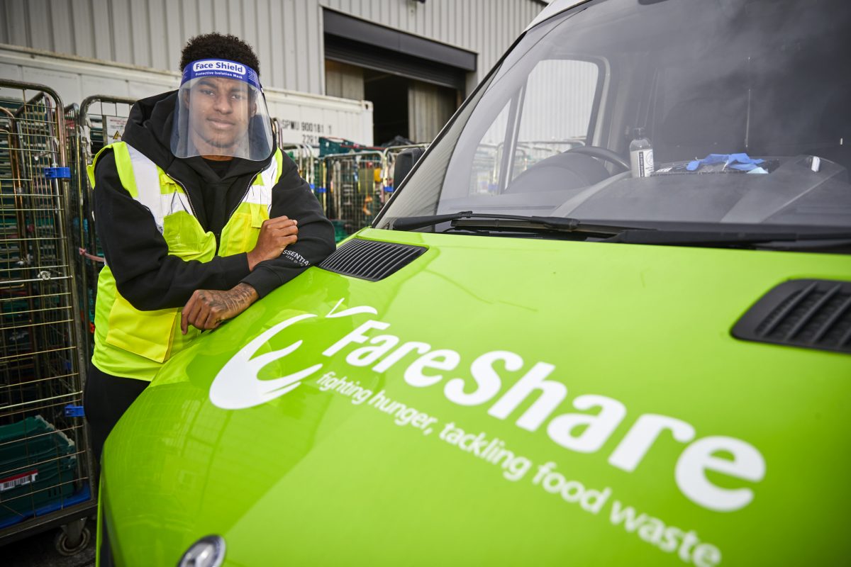 EMBARGOED TO 0001 FRIDAY OCTOBER 23 Handout photo issued by Fareshare/Mark Waugh of England football star Marcus Rashford visiting FareShare Greater Manchester at New Smithfield Market, which is naming a new warehouse in his Mother's honour.