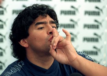 PA Photo 15/9/96  Diego Maradona during a press conference held at an International four-a-side youth football tournament in Battersea Park, London.