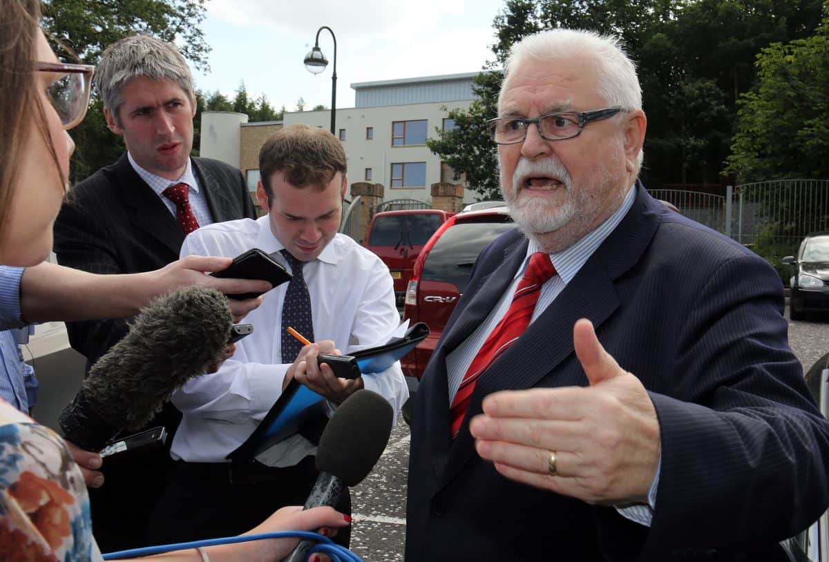 Lord Maginnis, speaking to the media outside Dungannon court house. The House of Lords peer has been convicted of assaulting a motorist in a road rage incident in Northern Ireland.