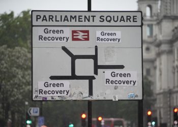 Greenpeace activists replace the destinations on the road signs around Westminster to read ‘Green Recovery’. Sending a message to the government that it only has one option with its economic recovery package, and that much greater investment is needed to green the transport, energy, housing and waste sectors, create new green jobs and tackle the climate emergency.