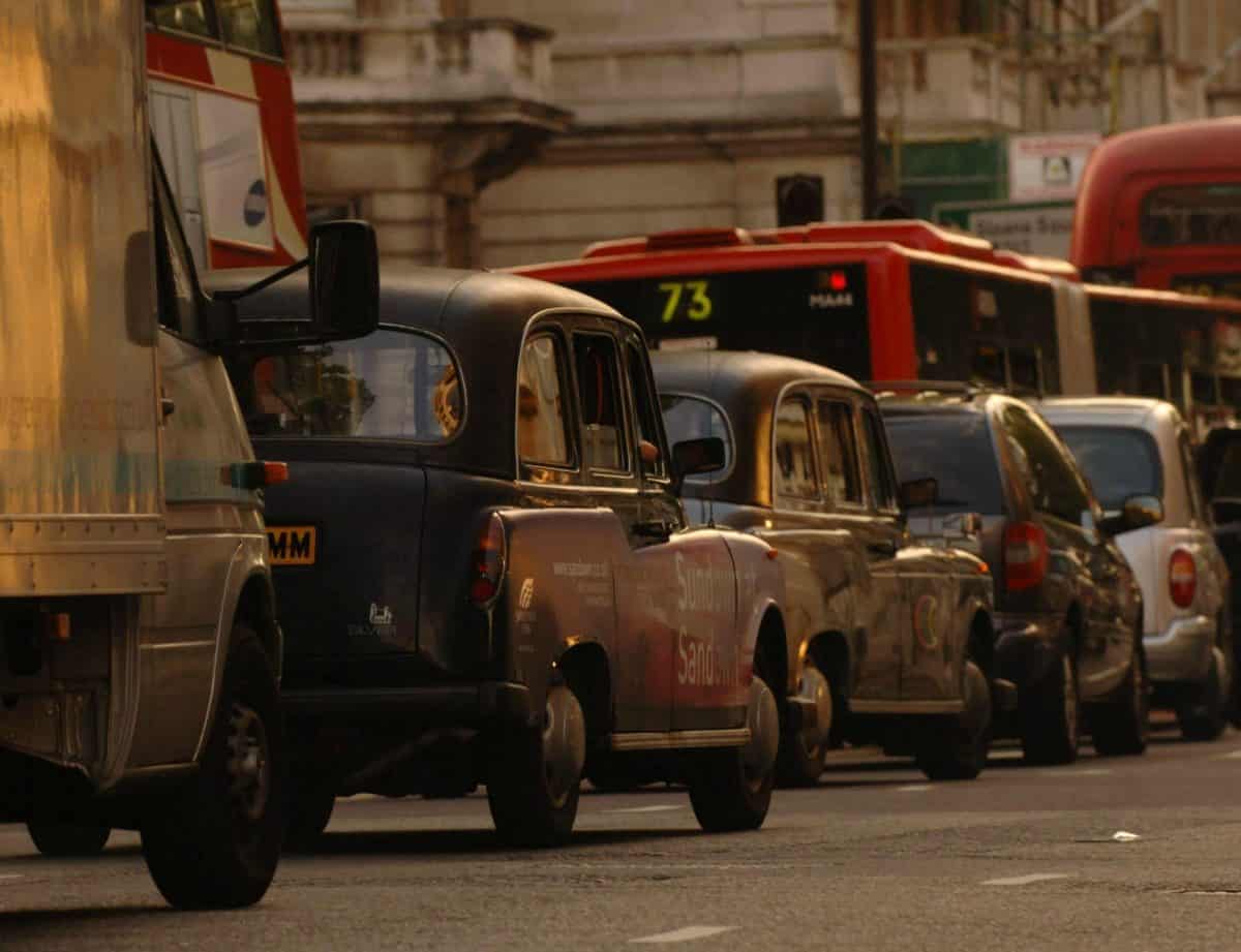 Heavy traffic in Westminster generates exhaust pollution in London.