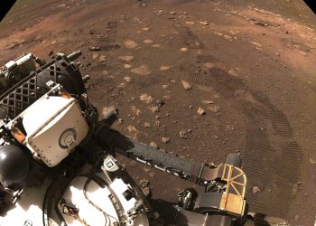 This photo made available by NASA was taken during the first drive of the Perseverance rover on Mars on Thursday, March 4, 2021. Perseverance landed on Feb. 18, 2021. (NASA/JPL-Caltech via AP)