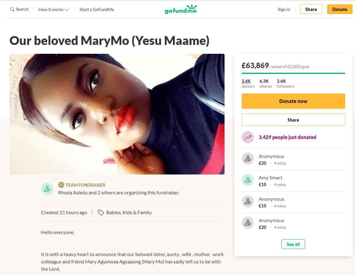 Screengrab taken from the GoFundMe page set up to raise funds for the husband and daughter of Mary Agyeiwaa Agyapong, a pregnant NHS nurse who died from Covid-19 on Sunday. Her baby daughter was delivered by caesarean section and is doing well, according to Luton and Dunstable University Hospital, where Ms Agyapong worked as a nurse for five years.