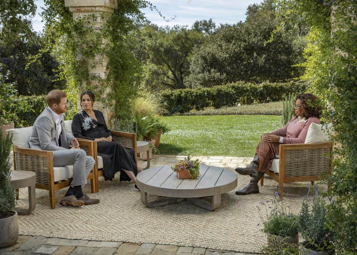 Handout photo supplied by Harpo Productions showing the Duke and Duchess of Sussex during their interview with Oprah Winfrey which was broadcast in the US on March 7. Issue date: Monday March 8, 2021.