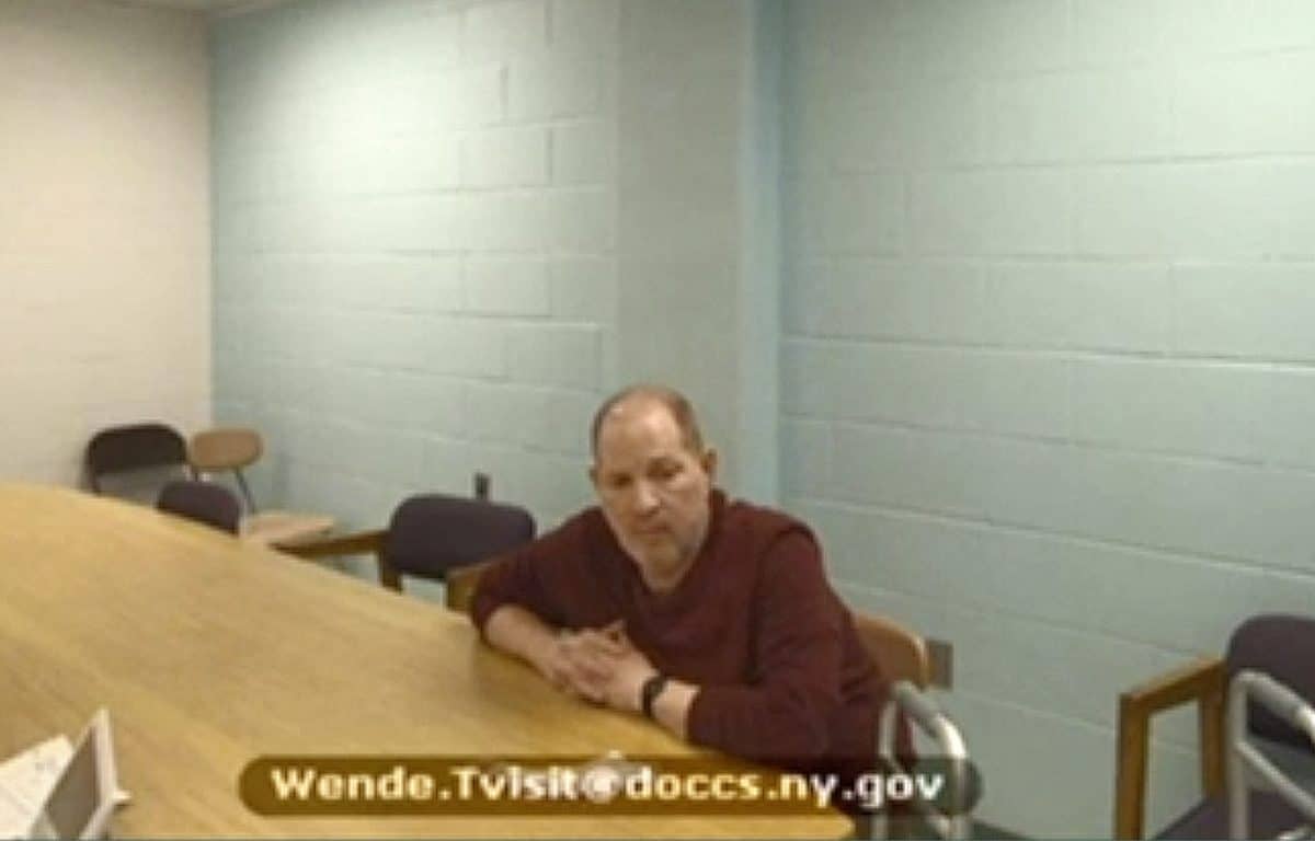 In this image taken from video, Harvey Weinstein appears from prison during his virtual extradition hearing in Erie County Court before Judge Kenneth Case, Monday, April 12, 2021, in Buffalo, N.Y. (New York Unified Court System via AP)