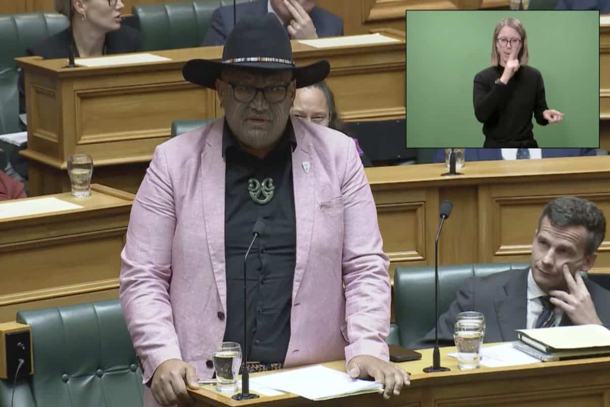 In this image from video, Indigenous New Zealand lawmaker Rawiri Waititi speaks in Parliament in Wellington, New Zealand, Wednesday, May 12, 2021. Credit;PA