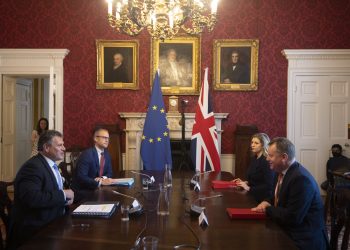 Brexit minister Lord Frost, flanked by Paymaster General Penny Mordaunt, sitting opposite European Commission vice president Maros Sefcovic, who is flanked by Principal Adviser, Service for the EU-UK Agreements (UKS) Richard Szostak, as he chairs the first EU-UK partnership council at Admiralty House in London. Picture date: Wednesday June 9, 2021.