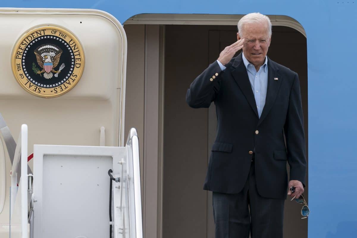 President Joe Biden salutes as he boards Air Force One upon departure, Wednesday, June 9, 2021, at Andrews Air Force Base, Md. Biden is embarking on the first overseas trip of his term, and is eager to reassert the United States on the world stage, steadying European allies deeply shaken by his predecessor and pushing democracy as the only bulwark to the rising forces of authoritarianism. (AP Photo/Alex Brandon)