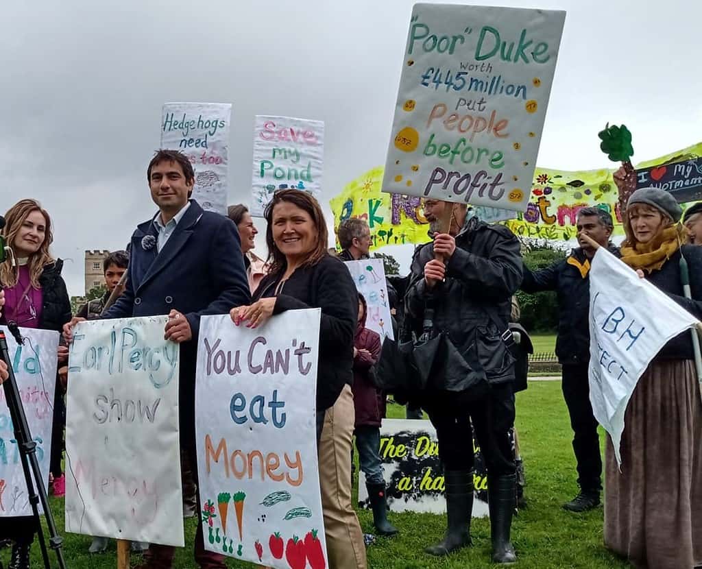 Left to right: Isleworth Councillors Daanish Saeed, Salman Shaheen and Sue Sampson join allotment holders and residents in a protest outside Syon House, the Duke of Northumberland's London residence.