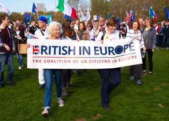 Co-chairs Jane Golding and Fiona Godfrey holding up the British in Europe banner at a pro-Europe march