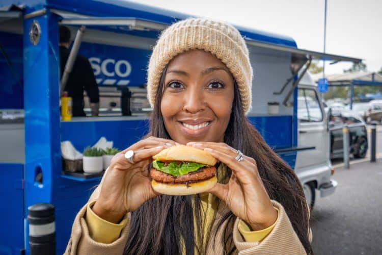 TV presenter Angellica Bell at Tesco in Wimbledon gets members of the public to try burger and then tells them it is meat free.